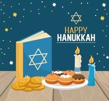 Hanukkah boek met brood en koekjes viering vector