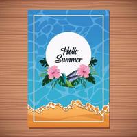 Hallo zomer kaart op houten achtergrond met oceaan en strand vector