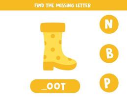 zoek ontbrekende letter met gele laars. werkblad spelling. vector