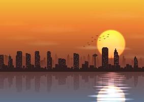 vectorillustratie van stad bij zonsondergang op de achtergrond naast een rivier vector