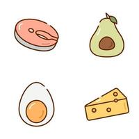 set pictogrammen gezonde voeding. schattige iconen van avocado, zalm steak, ei en kaas. vectorillustratie geïsoleerd op een witte achtergrond vector