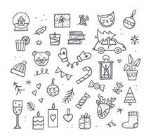 leuke kerstset - pet, kaarsen, boom, cadeau, wanten, herten en meer. doodle schets stijl. hand getekend lineaire vectorillustratie. gezellige collectie winterelementen. vector