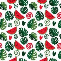 naadloze textuur van groene monsterabladeren en watermeloenplakken, gebladertepatroon, natuurlijke abstracte achtergrond vector