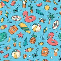 zomer naadloze patroon met hand getrokken doodles op blauwe achtergrond. goed voor inpakpapier, scrapbooking, stationary, behang, achtergronden, textielprints, kinderkleding, enz. eps 10 vector