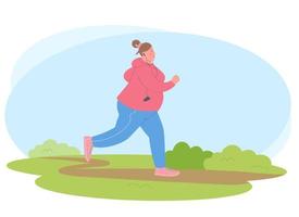 jonge vrouw met overgewicht houdt zich bezig met sporten. vrouw jogt in het park. vector