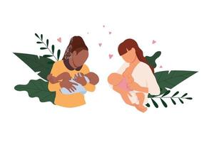 twee vrouwen die hun pasgeboren baby's borstvoeding geven. vector illustratie