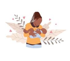 Afro-Amerikaanse vrouw die borstvoeding geeft en haar pasgeboren baby vasthoudt. vector illustratie