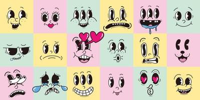 vintage 30s 40s 50s cartoon expressieve ogen en mond, glimlachen, huilen en verrast karakter gezichtsuitdrukkingen emoji set premium vector