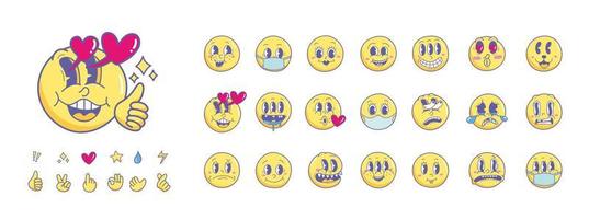 vintage 30s 40s 50s cartoon en komische gezichtsuitdrukkingen emoji. expressieve ogen en mond, glimlachen, huilen en verrast karakter gezichtsuitdrukkingen vector set premium vector