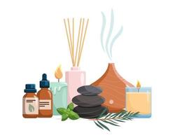 compositie met accessoires voor aromatherapie met essentiële oliën. aromalamp, diffuser, etherische olie, stenen en aromatische bloemen. vectorillustratie op witte achtergrond. vector