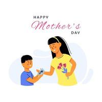 gelukkige moederdagkaart. zoontje presenteert een kaart aan moeder. vector illustratie