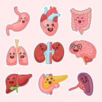 menselijke interne organen patches ontwerp. grappige stickers van menselijke lichaamsorganen. nieren, lever, pancreas, darmen, milt, hart, hersenen en longen. anatomie grappige print. kinderen onderwijs patch set. vector