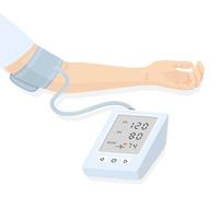 vectorillustratie van een tonometer en de hand van een persoon die de bloeddruk meet