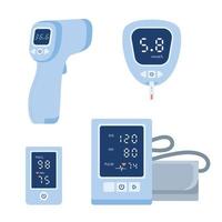 medische apparaat pictogramserie. tonometer, glucometer bloedglucosemeter, pulsoximeter, thermometer. vector illustratie collectie geïsoleerd witte achtergrond. apparatuur voor de gezondheidszorg