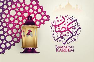 luxe en elegant design ramadan kareem met Arabische kalligrafie, traditionele lantaarn en islamitische sier kleurrijke detail van mozaïek voor islamitische groet.vector illustratie. vector