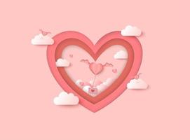 Het valentijnskaartendocument sneed achtergrond met wolken en vliegend hart over hartvorm vector