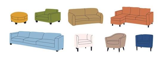 set van verschillende moderne kleurrijke comfortabele fauteuils en banken. gestoffeerde meubels voor rust, ontspanning. kamerdecoratie, interieurontwerp. getekende vlakke afbeelding. alle elementen zijn geïsoleerd