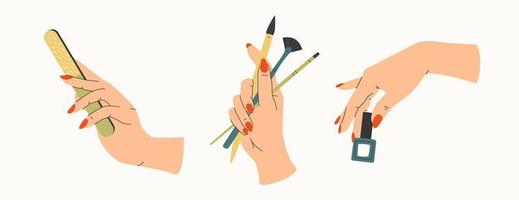 vrouwelijke gemanicuurde handen. nagelborstel, nagellak, nagelvijl. spa-behandelingen schoonheid concept. set van drie handgetekende gekleurde trendy illustraties. dame schilderen, nagels polijsten. vector