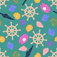 kleurrijke mariene onderzeese elementen. handgetekende zeeschelp, kleurrijke schelpen met het roer van de kapitein plat. cartoon clam, oester- en sint-jakobsschelpen, schelpen van weekdieren en zeeslak. vierkant naadloos patroon vector