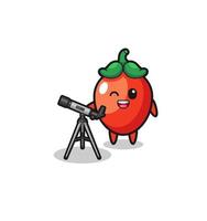 chili peper astronoom mascotte met een moderne telescoop vector