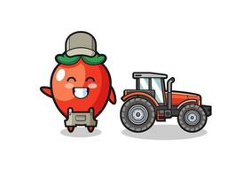 de mascotte van de chilipeperboer die naast een tractor staat vector