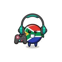 Zuid-Afrikaanse vlag gamer-mascotte met een gamecontroller vector