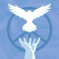 witte vogel die uit een hand vliegt blauw vredesconcept achtergrond vector