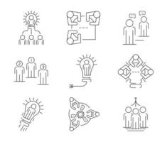 teamwork gerelateerde vector lijn iconen eenvoudige set van 9. bevat pictogrammen zoals samenwerking, onderzoek, vergadering, leiderschap, communicatie en meer. bewerkbare streek. moderne lijn kunst pictogramserie.