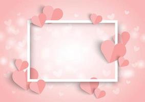 Valentines roze hart achtergrond, wit frame en papier gesneden hart vorm vector