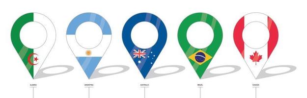 land vlag locatie teken. algerije, argentinië, australië, brazilië en canada vlagpictogrammen. vlaggen van landen met check-ins. vector icoon van eenvoudige vormen van locatiepunt.