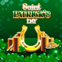 Saint Patrick&#39;s Day Stapel gouden munten en Lucky Horseshoe met klavers vector