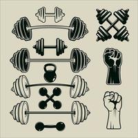 set pictogram gym of fitness apparatuur vector vintage illustratie sjabloon grafisch ontwerp. bundelverzameling van verschillende bodybuilding-tools met retro-stijlconcept