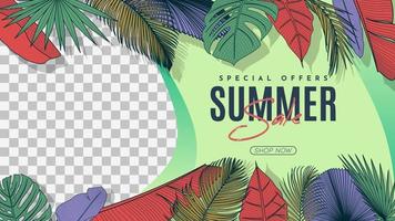 zomer verkoop banner met tropische bladeren achtergrond. vector illustratie