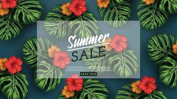 zomer verkoop banner met tropische bladeren achtergrond. vector illustratie