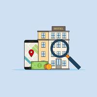 illustratie om online hotelconcept te vinden met gps-locatie van smartphonekaarten. ontwerp vector met vlakke stijl