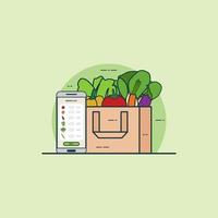 illustratie om online groente te kopen met smartphoneconcept. ontwerp vector met vlakke stijl