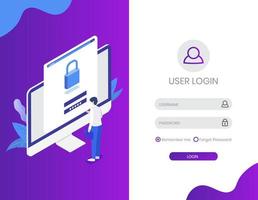 loginpagina met monitor en karakter isometrisch ontwerp vector