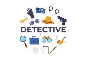 privédetective of detective die informatie verzamelt om misdaden op te lossen met apparatuur zoals vergrootglas, handboeien en andere in cartoonachtergrondillustratie vector