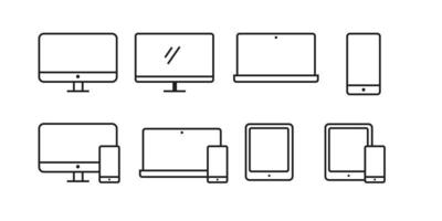 apparaten en elektronica lijn pictogrammen. computers en mobiele telefoons platte vector set.