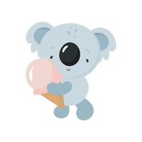 schattige koala met ijs. cartoon-stijl. vectorillustratie. voor kinderspullen, kaarten, posters, spandoeken, kinderboeken, bedrukking op de verpakking, bedrukking op kleding, stof, behang, textiel of servies. vector