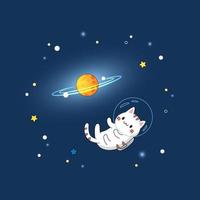 een schattige kattenastronaut vliegt in de ruimte en verkent nieuwe planeten en sterren. vector cartoon kawaii illustratie