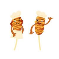 twee schattige corndog-personages - een jongen en een meisje met koksmutsen op een afgelegen witte achtergrond. getekend in platte cartoon stijl kawaii hotdogs voor pictogrammen, logo's, menu's. vector straatvoedsel illustratie