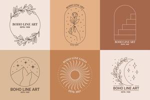 boho mysticus doodle esoterische logo set. magische lijntekeningen icoon met krans, trap, hand, roos, berg, maan, zon vector