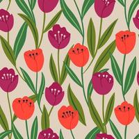 esthetisch eigentijds afdrukbaar naadloos patroon met lentebotanisch printontwerp. decoratieve tulp, bloemen en bladeren. pastel boho-achtergrond in minimalistische stijl uit het midden van de eeuw voor stof vector