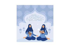 het lezen van het heilige koran platte ontwerpconcept. vrouwen die de koran lezen in de maand ramadan, moslims die verzen reciteren. kan gebruiken voor web-bestemmingspagina, banner, ui. vector illustratie