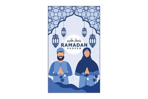 mooie achtergronden voor ramadan-groeten met een paar moslimkarakters en tekst van marhaban ya ramadhan betekent welkom in de ramadan-maand vector