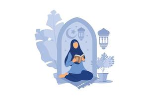 vlakke afbeelding van man en vrouw die de heilige koran bestuderen en lezen in hun dagelijkse bezigheden vector