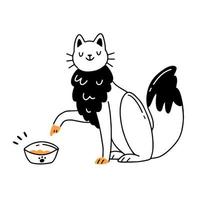 grappige kat wijst naar een kom met eten. de huiskat vraagt om eten. doodle stijl vectorillustratie geïsoleerd op de achtergrond.