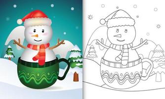 kleurboek met een schattige sneeuwpop kerstfiguren met een kerstmuts en sjaal in de beker vector