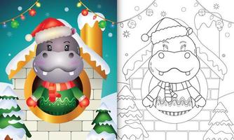 kleurboek met schattige nijlpaard-kerstpersonages met kerstmuts en sjaal in huis vector